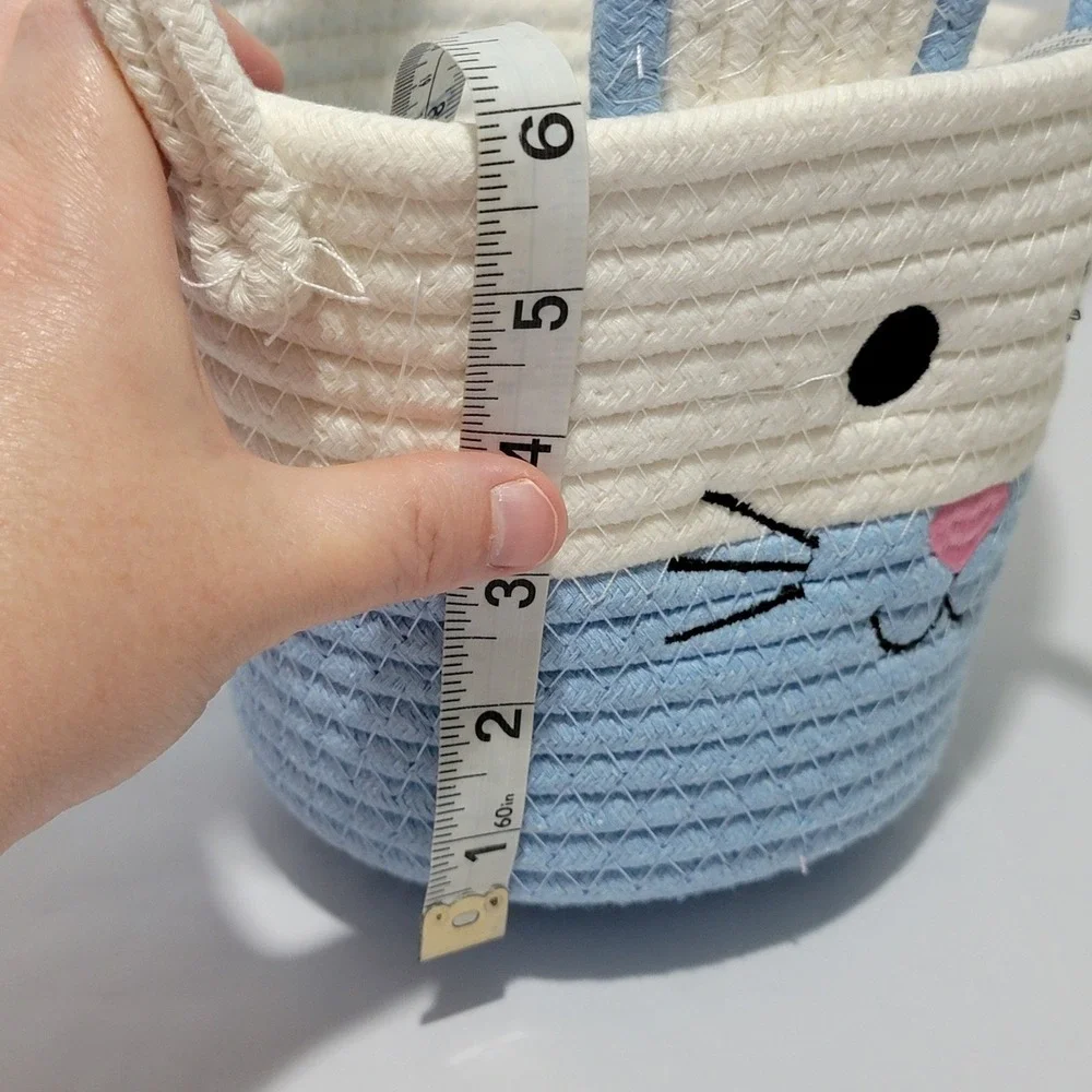 Blue and White Bunny Easter Basket Woven Cotton Rope Rabbit Pail with Ears